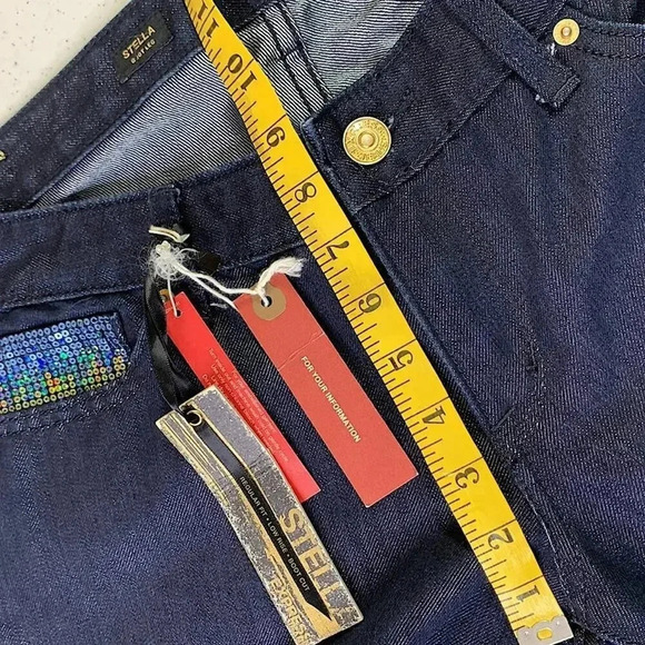 Express New Stella Boot Leg Embellished Denim Blue Waxed Jeans Sequins Size 12 - Picture 9 of 14